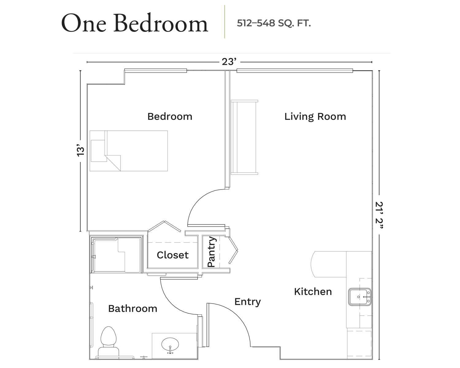 One-bedroom apartment floor plan with dimensions, featuring kitchen, bathroom, closet, and pantry.