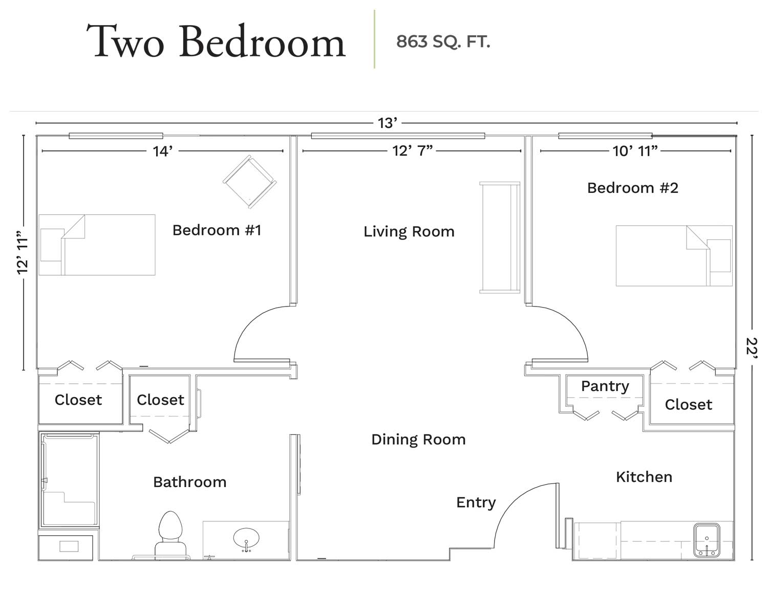 Two-bedroom apartment floor plan with labeled rooms and dimensions totaling 863 square feet.