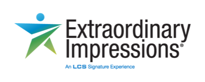 Extraordinary Impressions logo featuring a simple green and blue abstract human figure and text