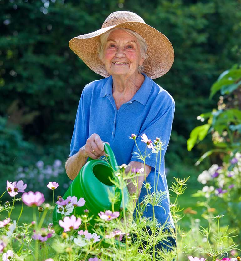 Senior woman with a straw hat and a green watering can tending to flowers in a garden