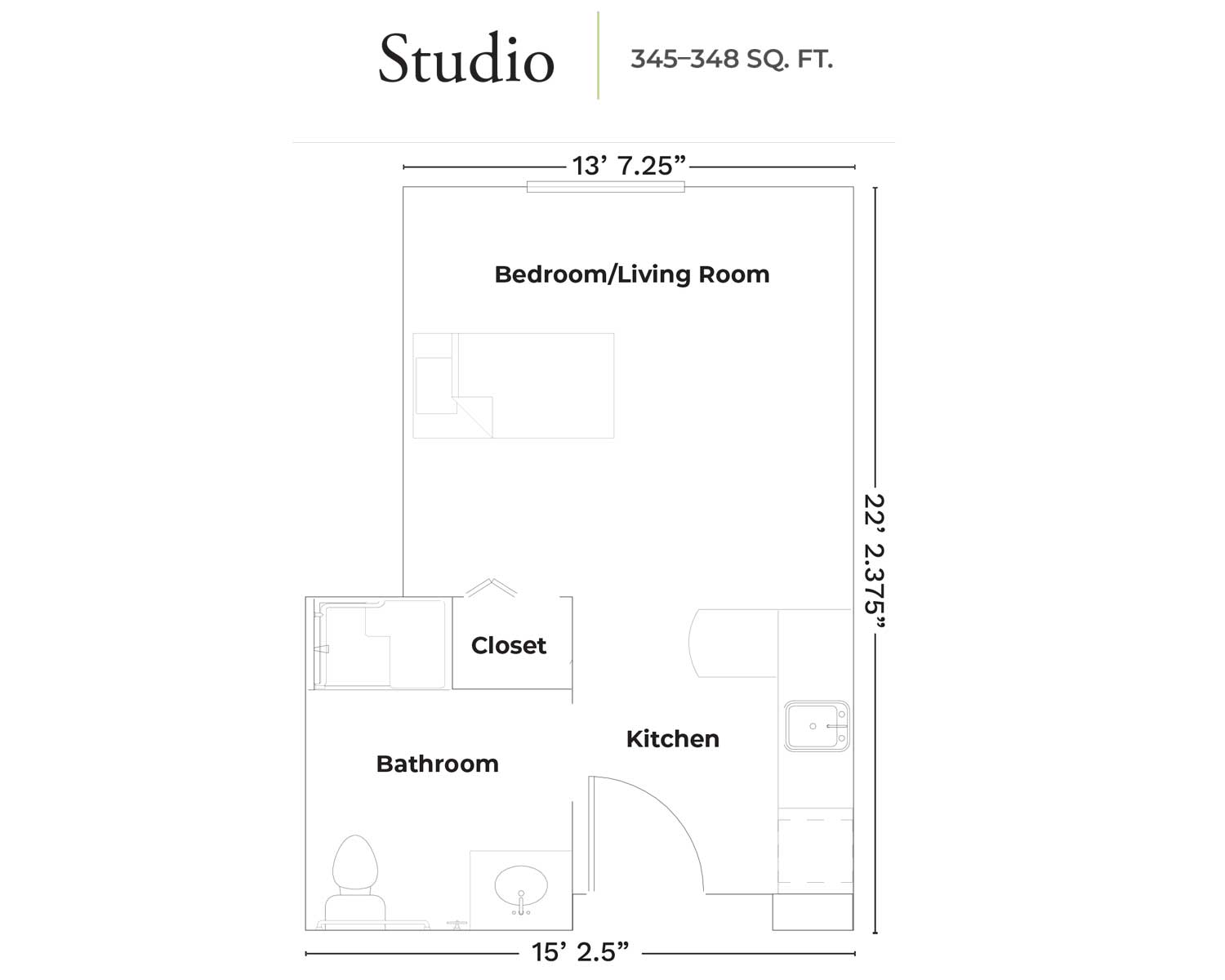 Floor plan of a small studio apartment with kitchen, bathroom, closet, and combined bedroom/living room.