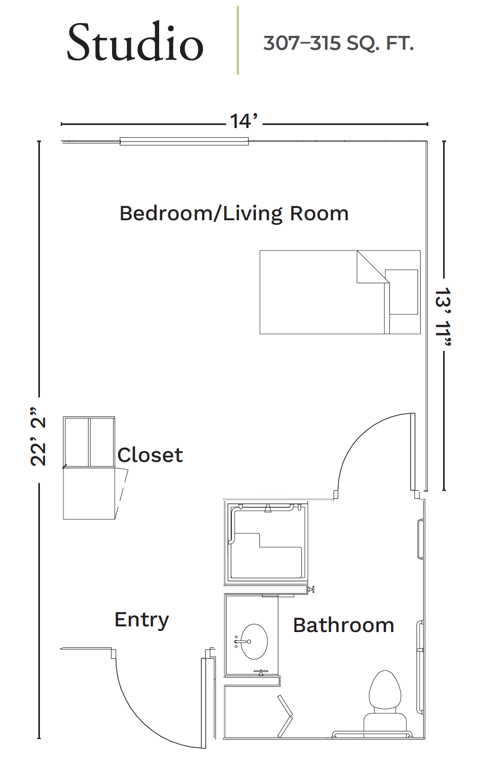 Floor plan of a studio apartment with labeled areas: bedroom/living room, bathroom, closet, and entry.